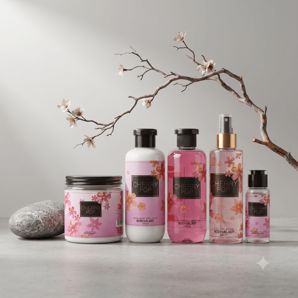 Cherry Pop bath and body gift set including lotion, mist, and candle