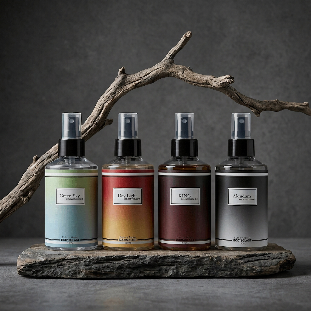 Four spray bottles with labels on a wooden platform against a dark background