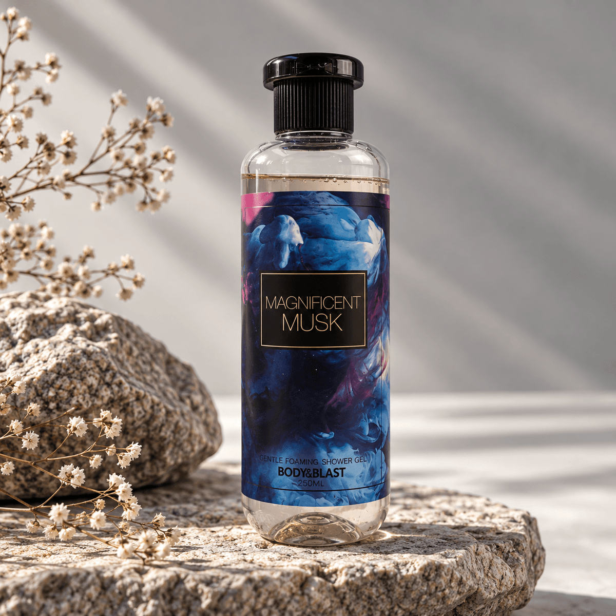Bottle of 'Magnificent Musk' body wash on a bathroom counter with red roses and cinnamon sticks.