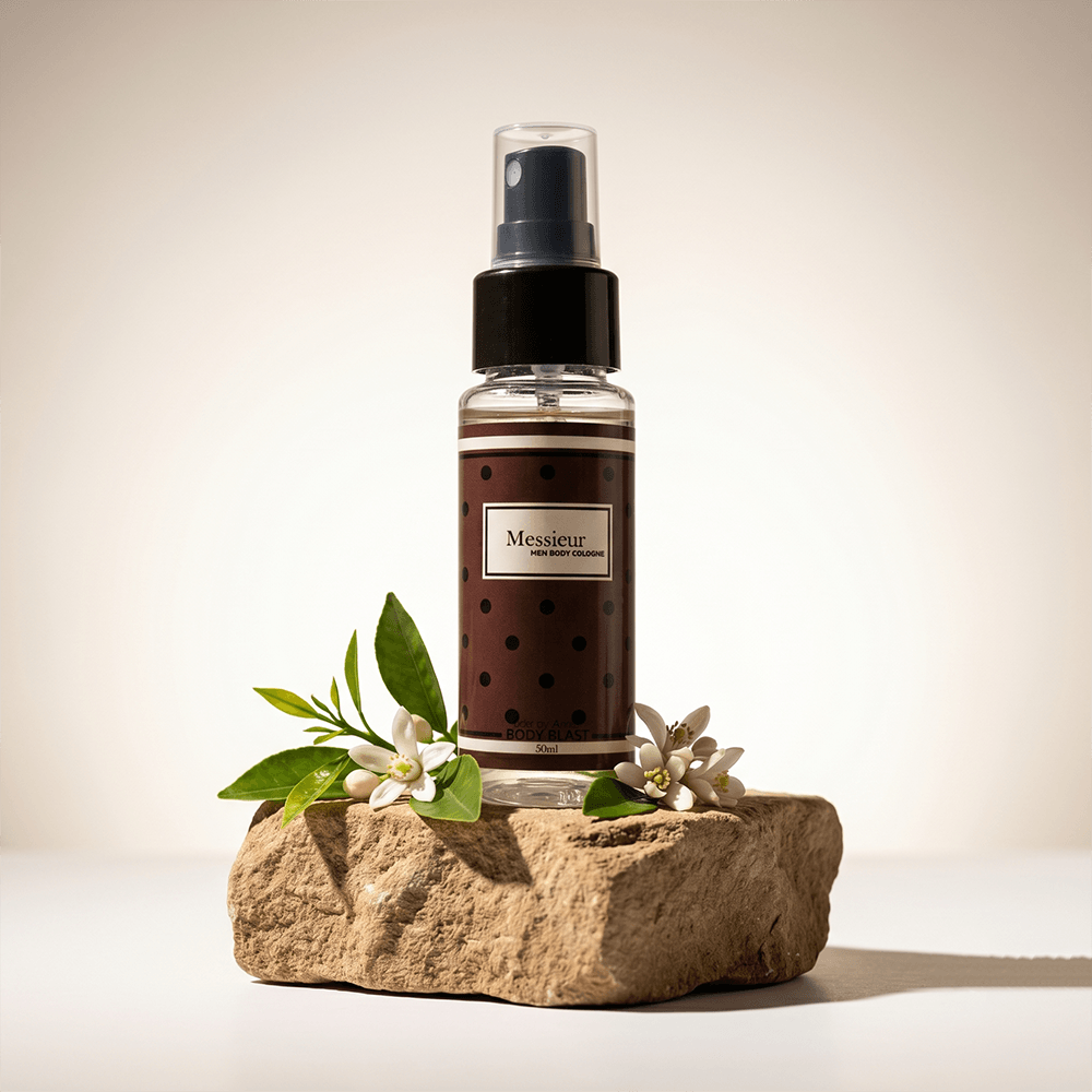 Spray bottle labeled 'Messieurs' on a stone surface with green leaves and white flowers.