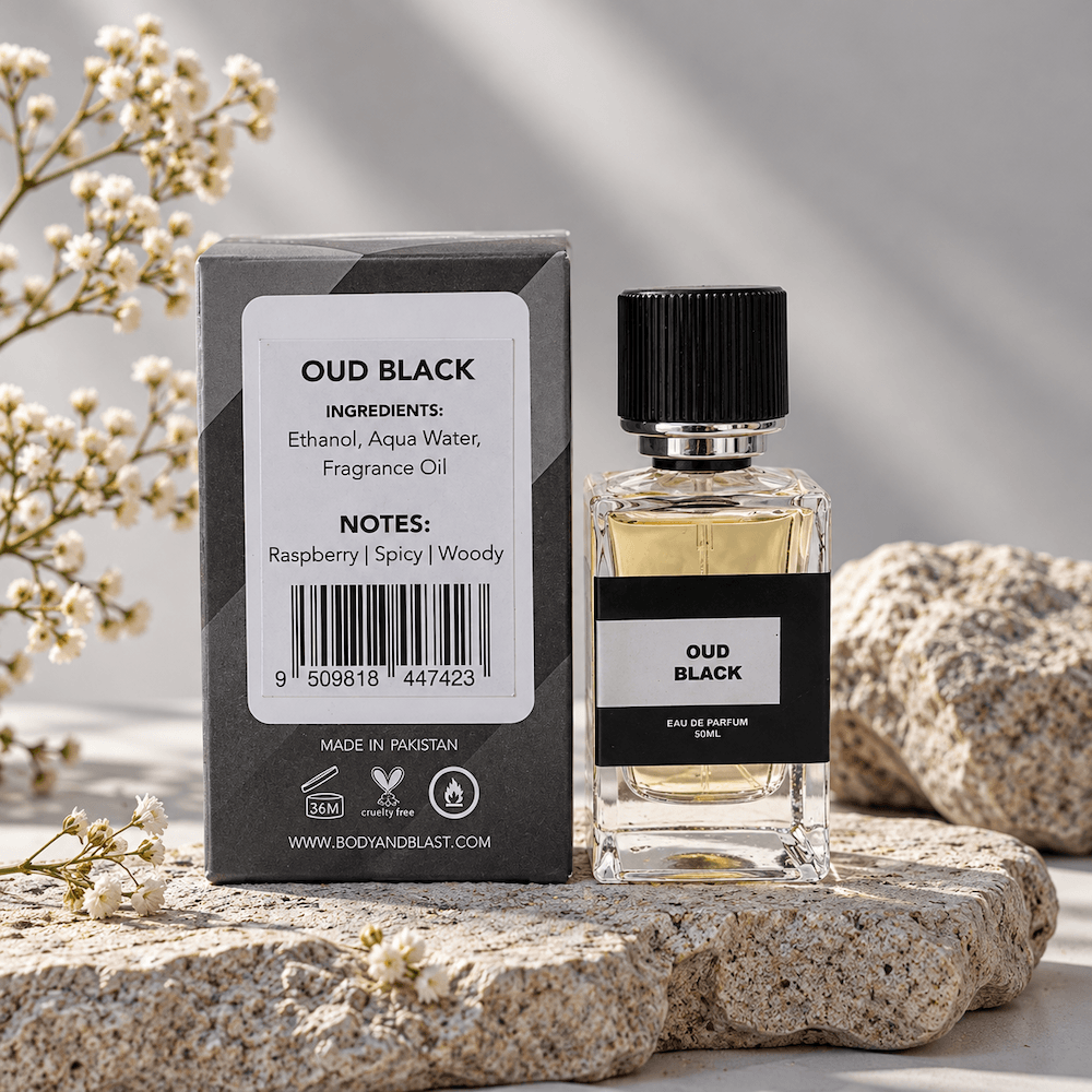 Body & Blast Oud Black Perfume 50ml with raspberry, spicy and woody fragrance notes