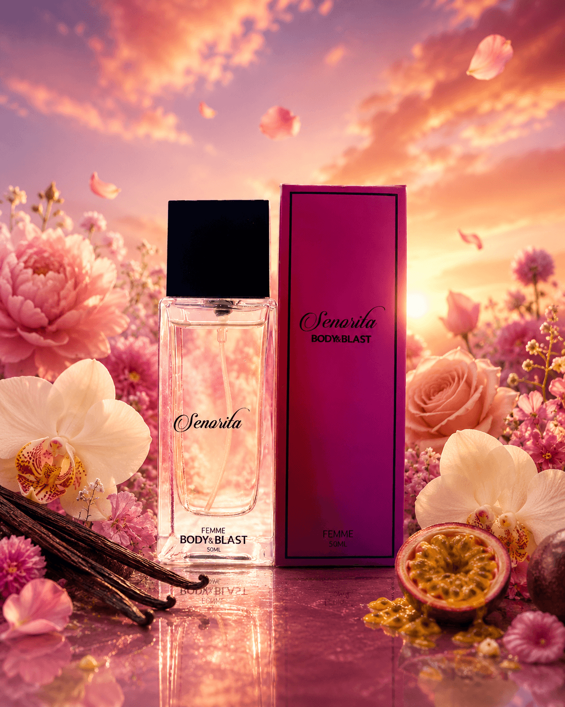 Senorita Body & Blast 50ml perfume bottle and pink box surrounded by pink and purple flowers, vanilla pods and passion fruit against a glowing sunset background.