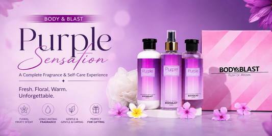 Purple Sensation Bath & Body Gift Pack by Body & Blast with body mist, shower gel, body lotion and loofah on a purple floral background.