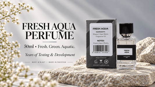 Fresh Aqua Perfume 50ml by Body & Blast Pakistan with matching black and grey packaging on a natural stone display.