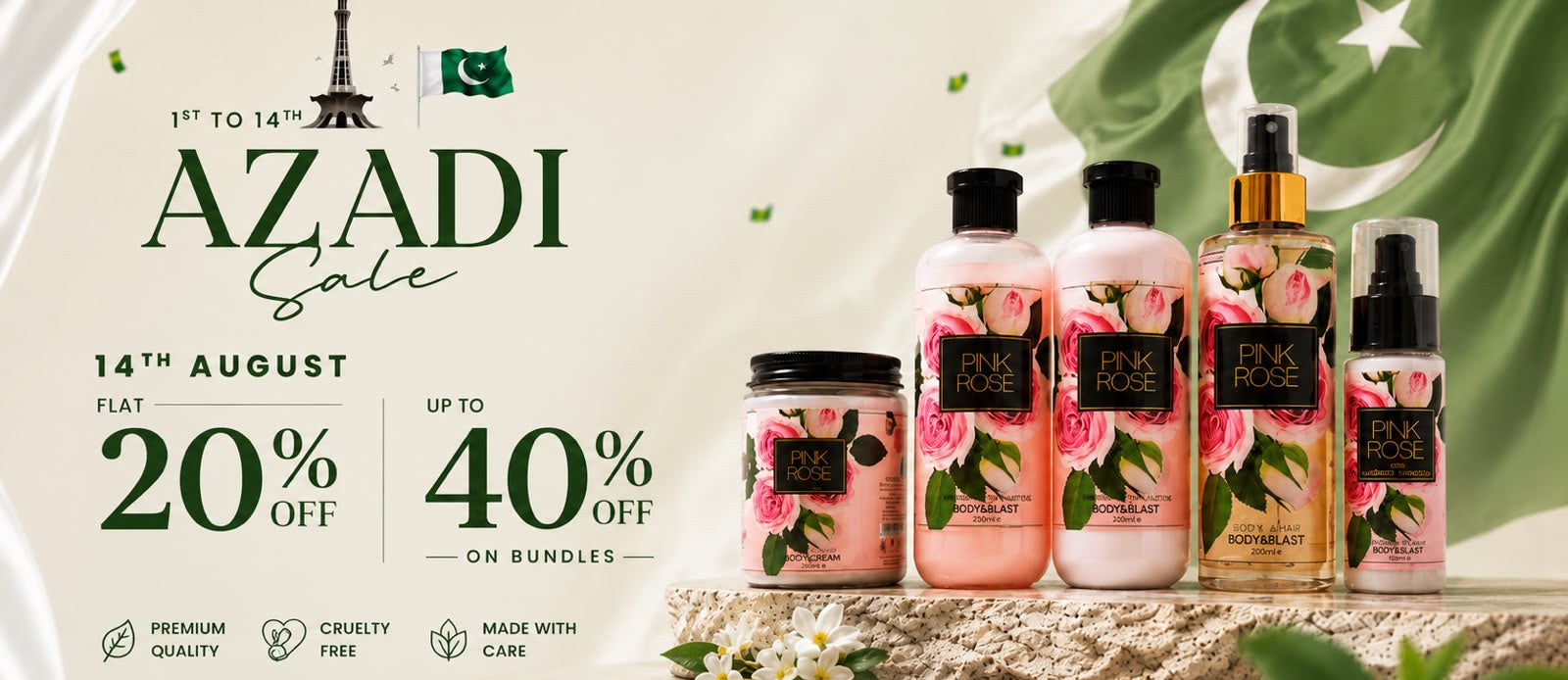 Promotional banner for Body & Blast featuring four floral body care products on a stone surface, with large sale text reading 'Azadi Sale' and discount details on a cream background with a green Pakistan flag graphic.