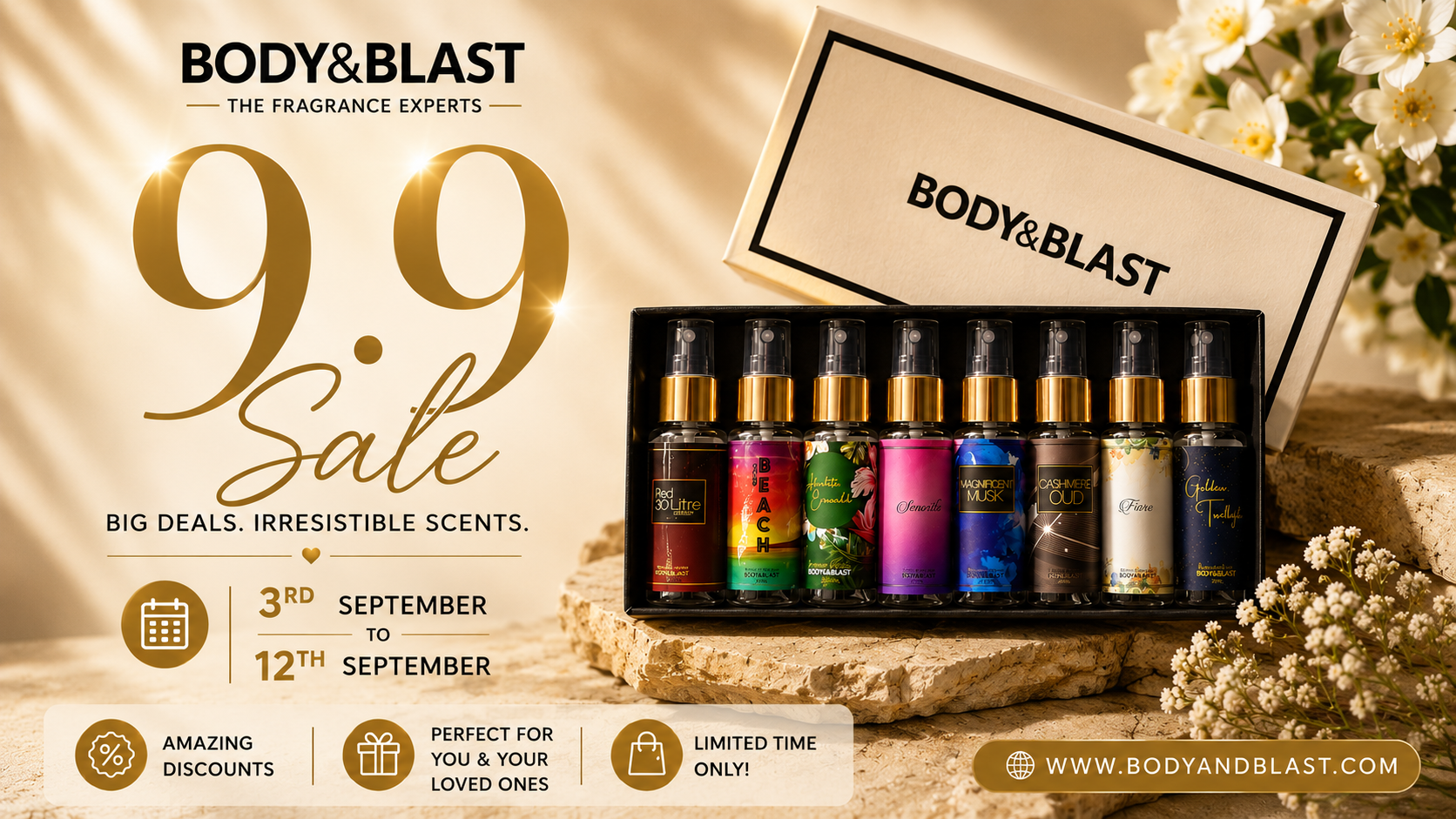 Body & Blast 9.9 Sale fragrance gift set with eight body mists, sale from 3rd to 12th September.
