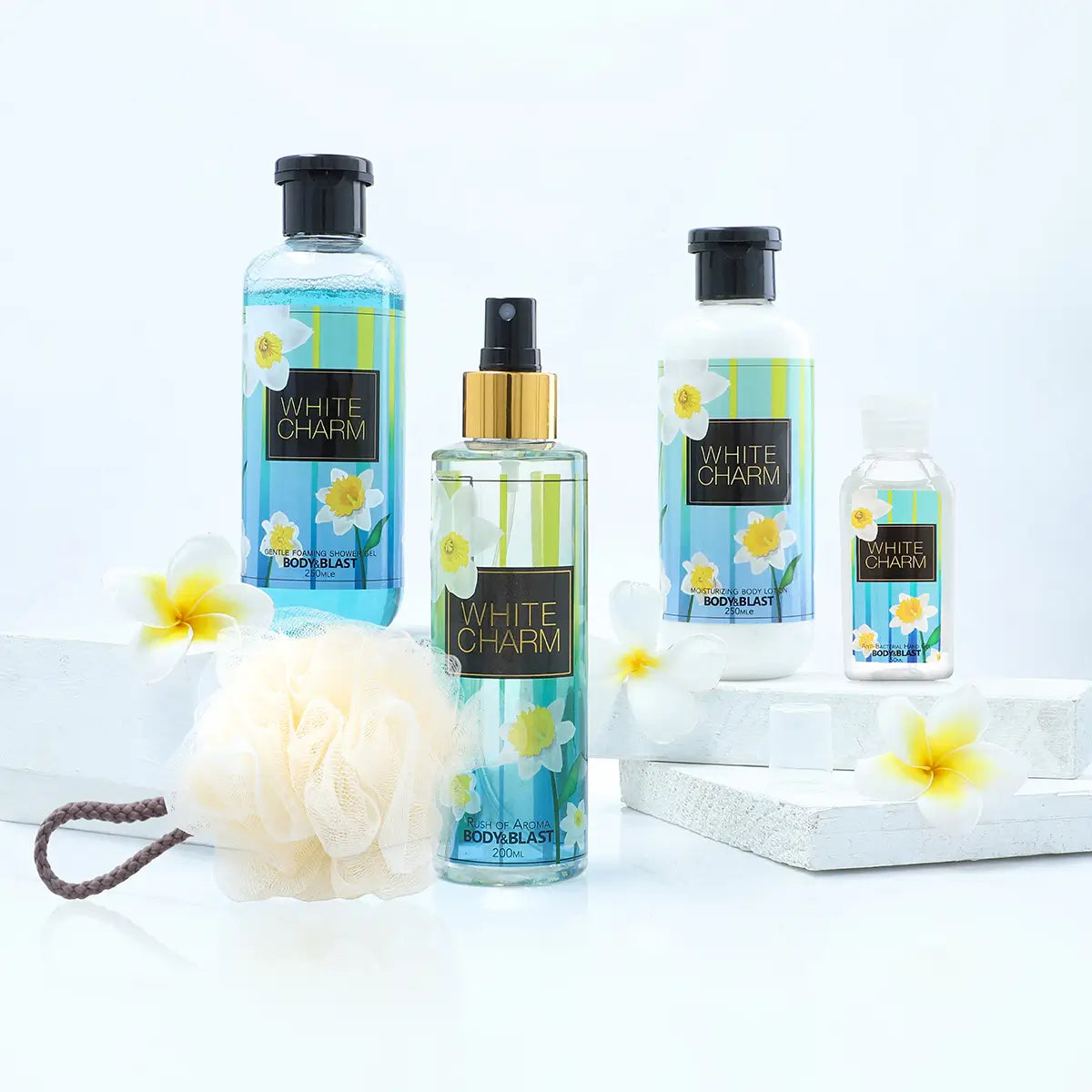 Body and Blast White Charm Gift Box: Lotion, mist, wash, sanitizer, perfume, and shower gel