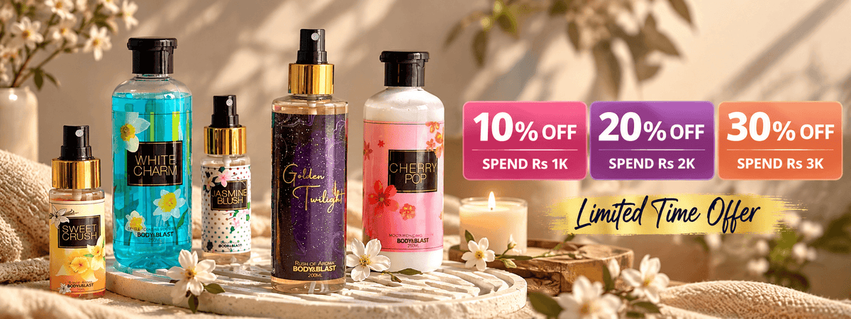 Body & Blast fragrance collection featuring Sweet Crush, White Charm, Jasmine Blush, Golden Twilight and Cherry Pop with 10% off on Rs 1K, 20% off on Rs 2K, and 30% off on Rs 3K purchases.
