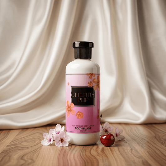 Body lotion bottle labeled 'Cherry Pop' with cherry and flower decorations on a wooden surface and draped fabric background.