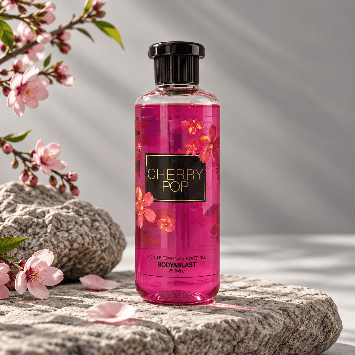 Bottle of Cherry Pop product on a marble surface with cherry blossoms and apples.