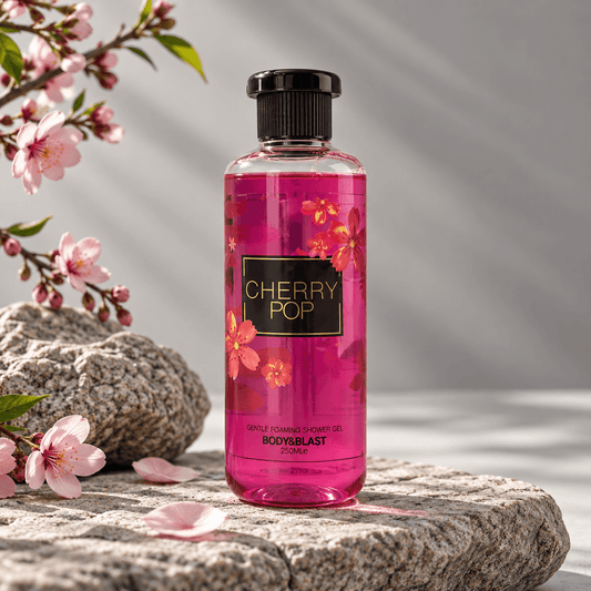 Bottle of Cherry Pop product on a marble surface with cherry blossoms and apples.