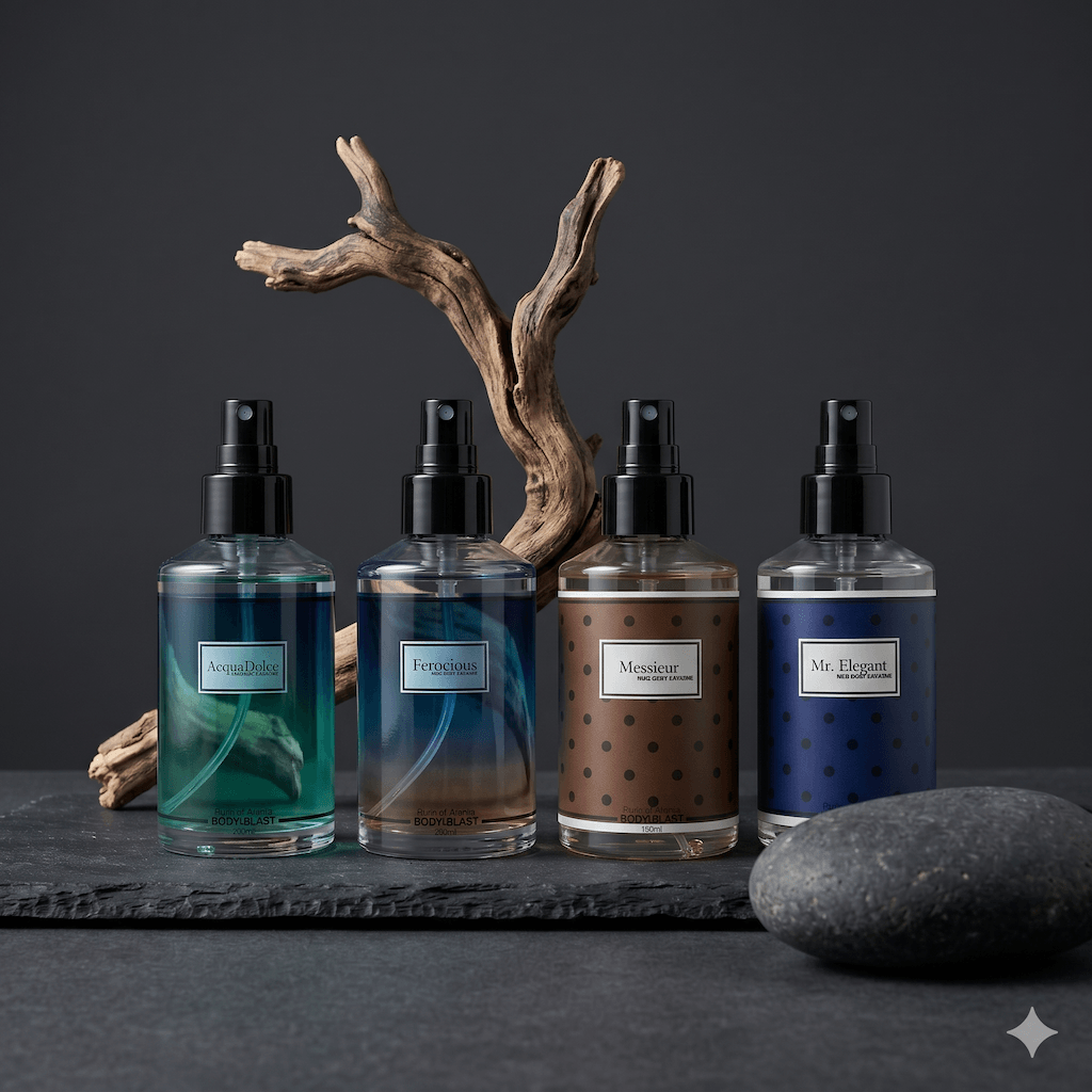 Four perfume bottles with labels on a dark surface with a piece of driftwood.