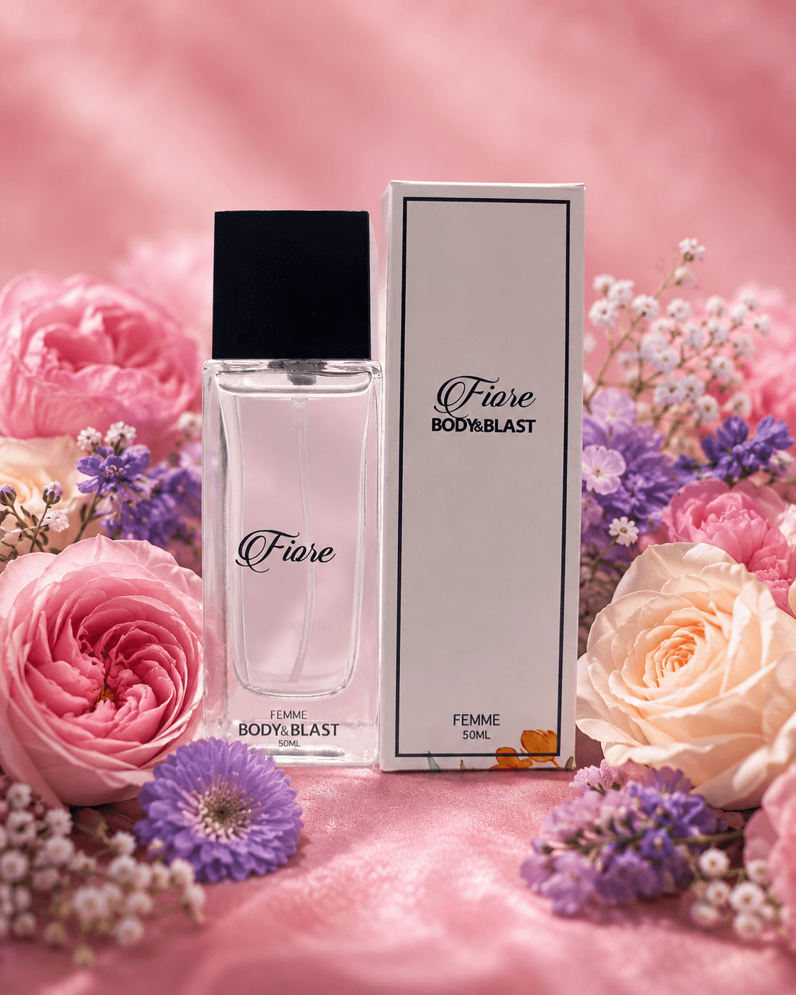 Fiore Body & Blast 50ml perfume bottle and box surrounded by pink and purple flowers on a soft pink background.
