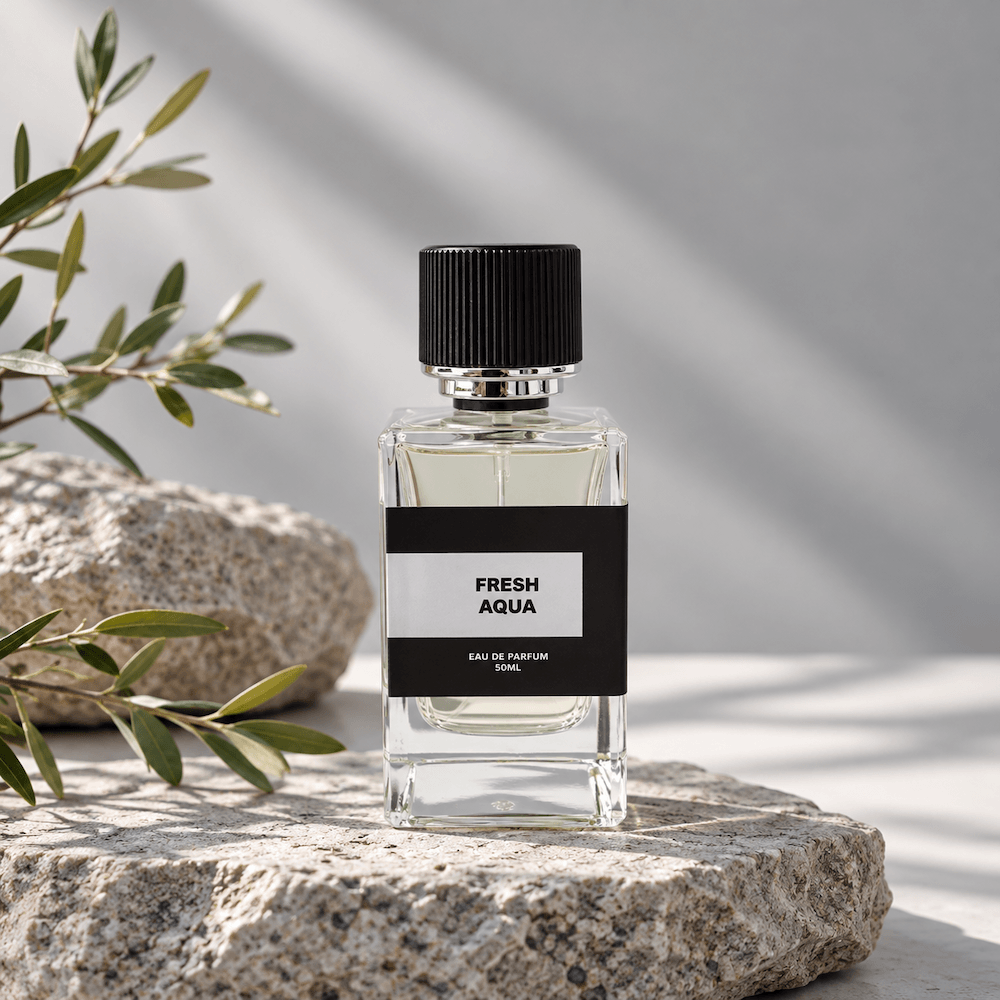 Body & Blast Fresh Aqua Perfume 50ml featuring a premium glass bottle with a black cap, styled on natural stone with fresh green leaves and soft studio lighting.