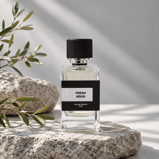 Body & Blast Fresh Aqua Perfume 50ml featuring a premium glass bottle with a black cap, styled on natural stone with fresh green leaves and soft studio lighting.