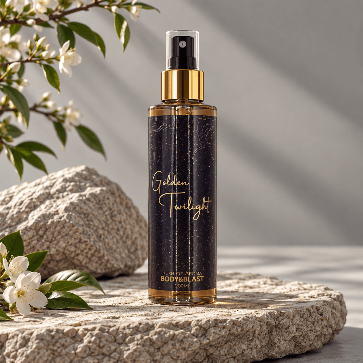 Body spray bottle labeled 'Golden Twilight' with almonds and flowers on a reflective surface.