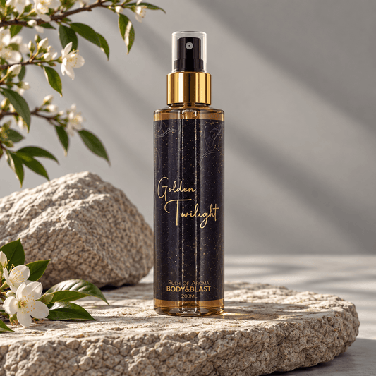 Body spray bottle labeled 'Golden Twilight' with almonds and flowers on a reflective surface.