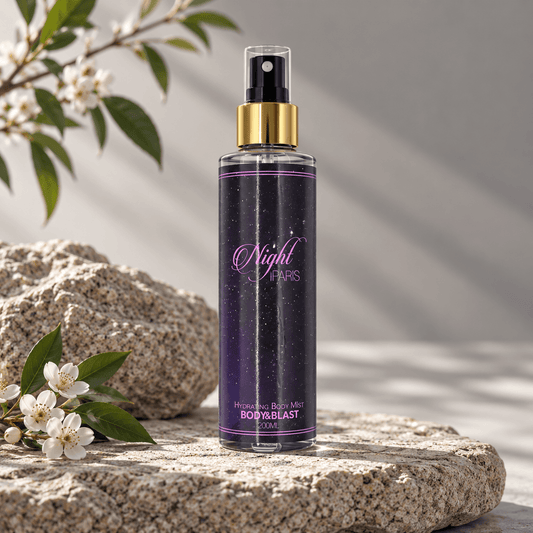 Close-up of Night in Paris Body Mist bottle with floral aesthetic branding and gold spray cap