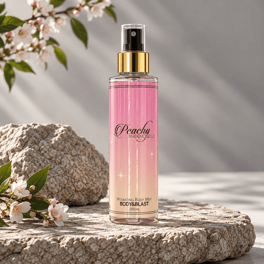 Peach-scented product with peach and vanilla elements in a peach orchard setting