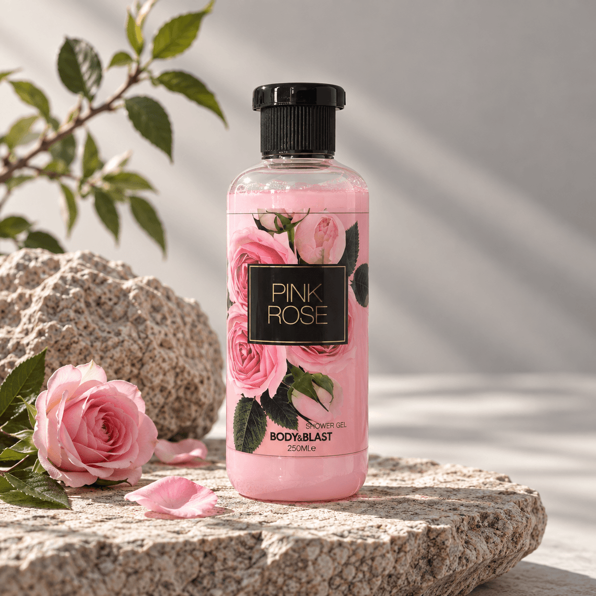 Pink Rose body wash bottle on a black marble surface with flowers and fruits.
