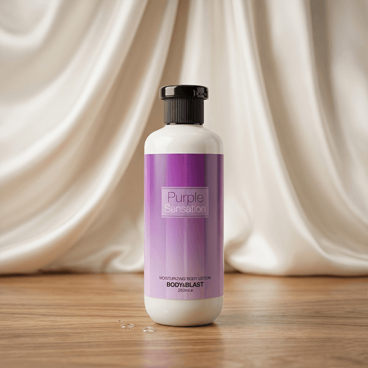Bottle of 'Purple Sensation' body lotion on a wooden surface with a draped fabric background