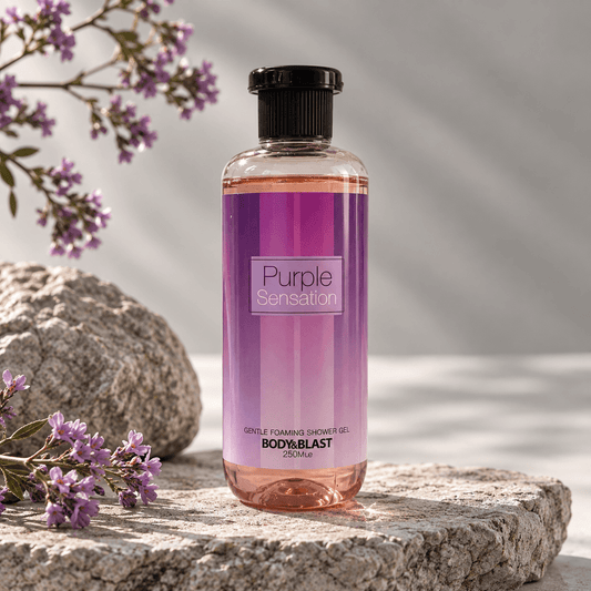 Bottle of 'Purple Sensation' body wash on a bathroom counter with fruits and herbs.