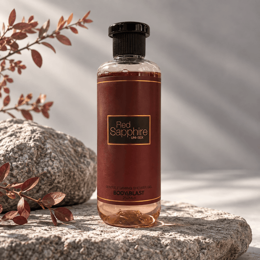Bottle of Red Sapphire body wash on a decorative stone surface with greenery and flowers.