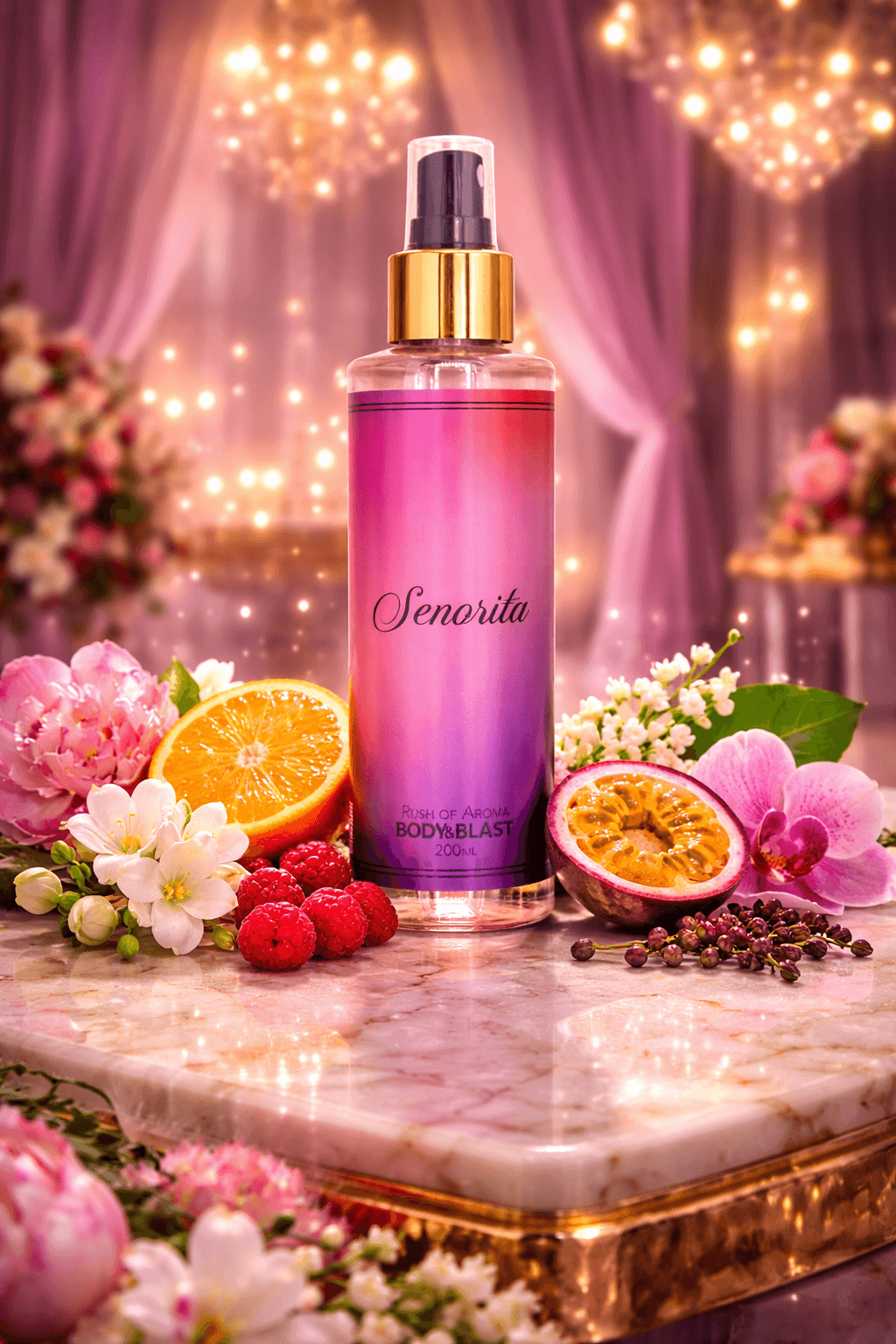 Bombshell fragrance bottled in luxuries bottle topped with gold collar pump