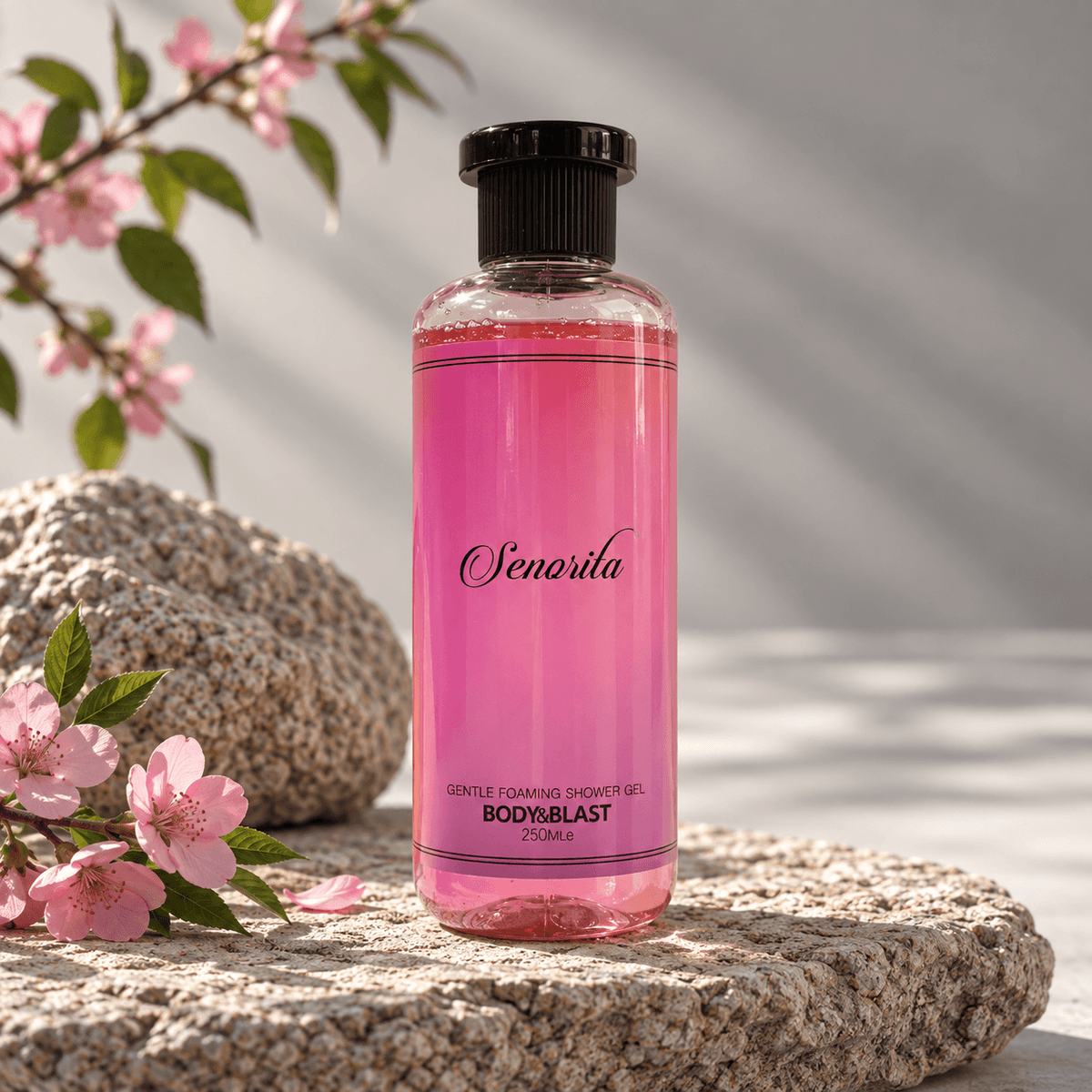 Pink bottle of Senasilia body wash on a black marble surface with fruits and flowers.