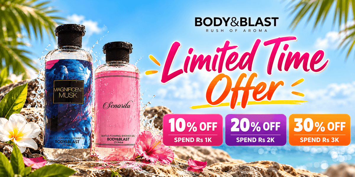 Body & Blast Magnificent Musk and Senorita shower gels with a tropical beach background and a limited-time offer of 10% off on Rs 1K, 20% off on Rs 2K, and 30% off on Rs 3K.
