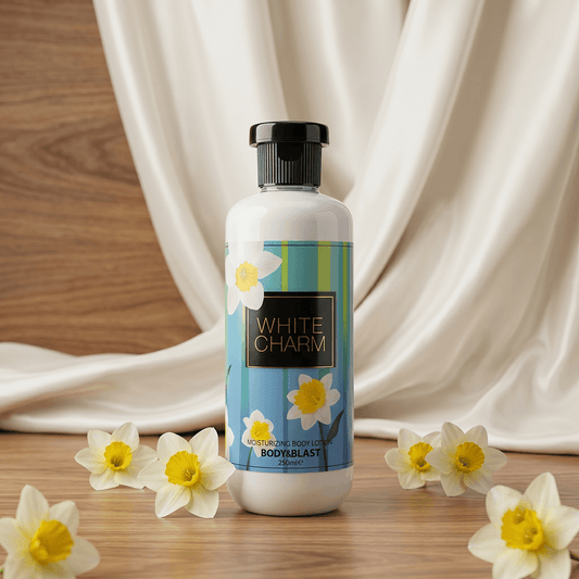 White Charm body lotion bottle with daffodils on a wooden surface and white fabric background