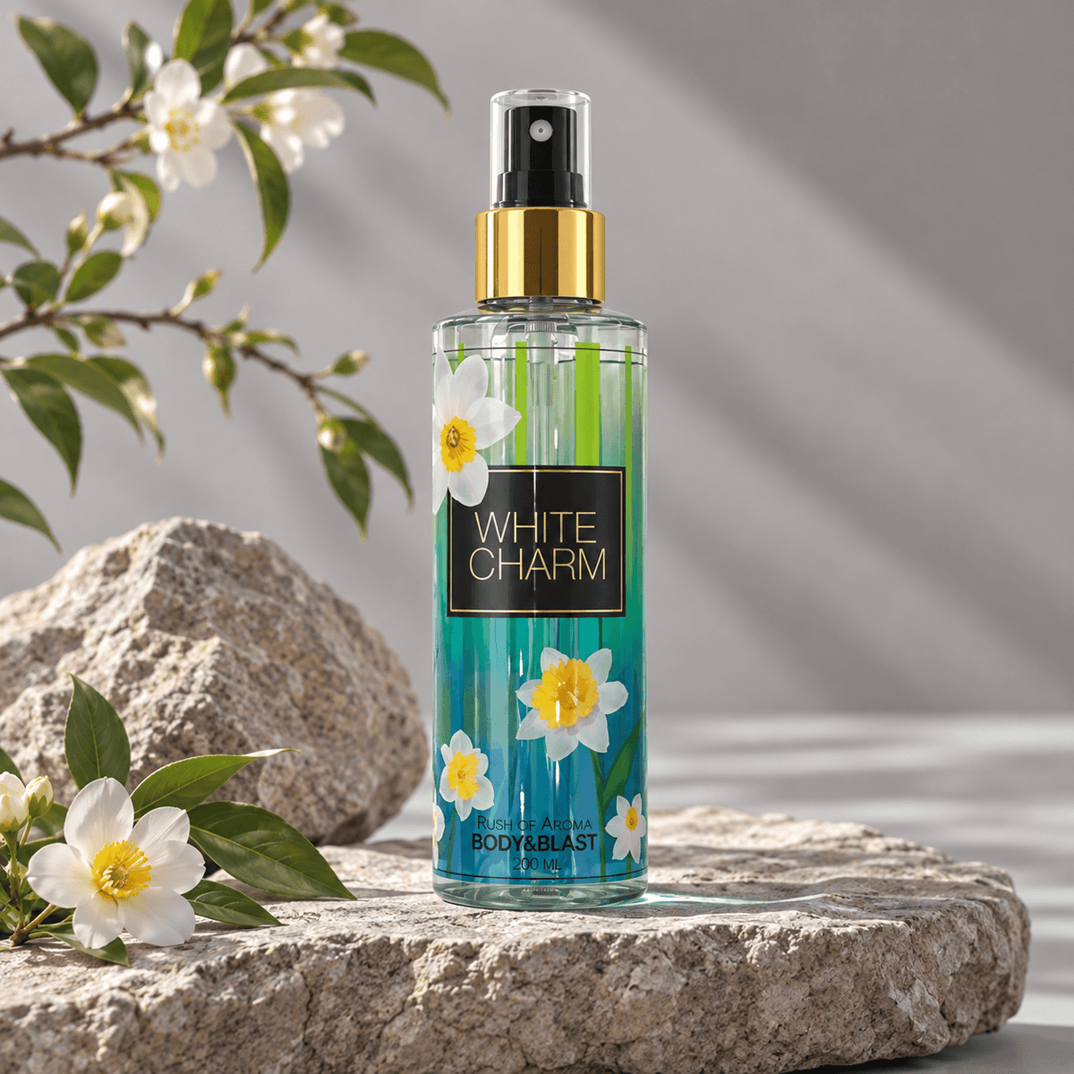 White Charm Body Mist featuring a floral and fruity fragrance profile in a clear spray bottle