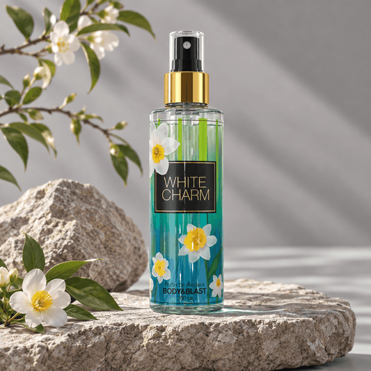 White Charm Body Mist featuring a floral and fruity fragrance profile in a clear spray bottle