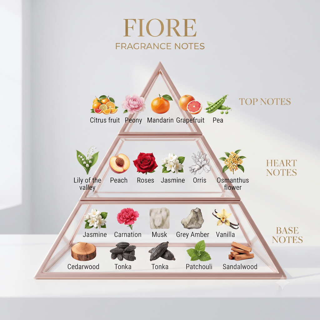 top notes such as citrus, peach, jasmine, and osmanthus at the top, and base notes such as cedarwood, tonka, patchouli, and sandalwood 