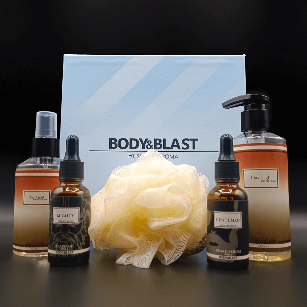 Body and Blast Day Light and Beard – Gift Box – For Men – 25% off body and blast beard beard oil body cologne body wash bundle day light hair men oil organic perfume scented serum shower gel